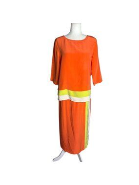 Vintage 90s Silk Two Piece Skirt Top Set Medium Orange Elastic Waist Colorblock